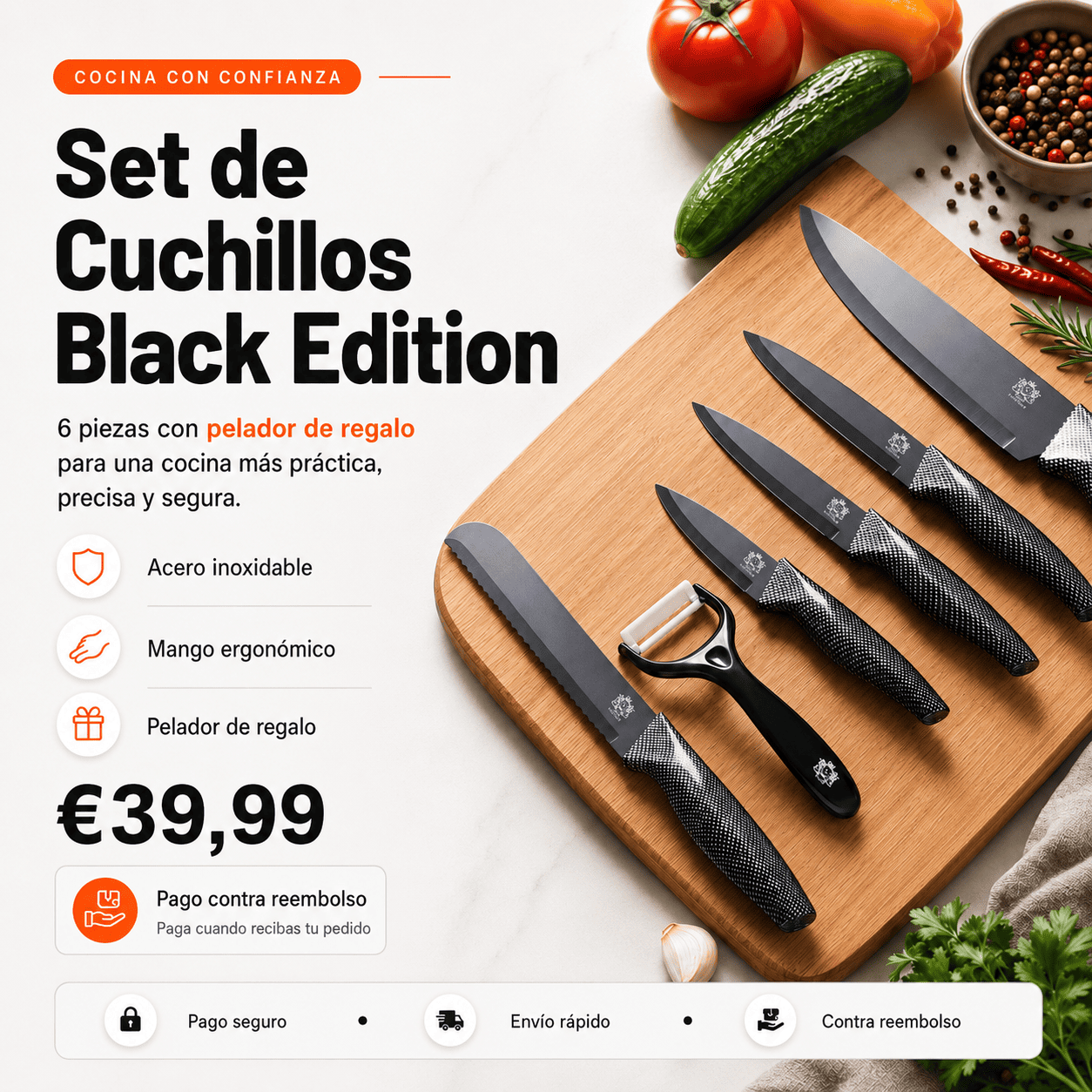 Set de Cuchillos de Cocina Profesionales y Pelador 6 Piezas Antiadherente